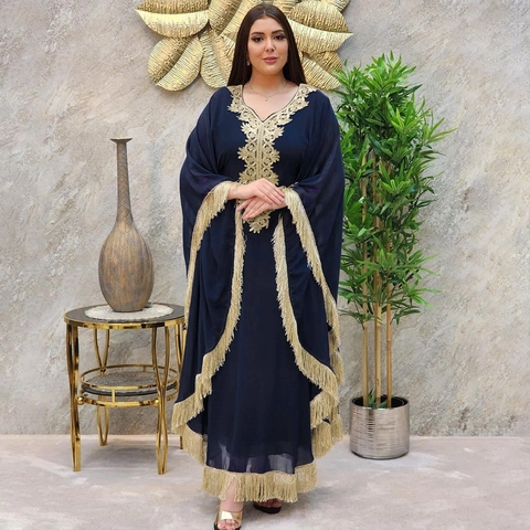 Vestito Lungo Kaftan Etnico da Donna Ricamo Oro Nappina Manica a Campana Chiffon Maxi Robe Abaya per Ramadan Festa Estate