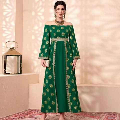 Dames Etnische Boothals Maxi Jurk Goudfolie Bladprint Elegant Kant Avondjurk Lange Mouw Polyester Jurk