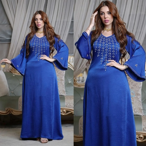 Elegantes Damen V-Ausschnitt Glockenärmel Maxikleid Mit Pailletten Strass Stickerei Naher Osten Kaftan Abaya Langes Partygewand