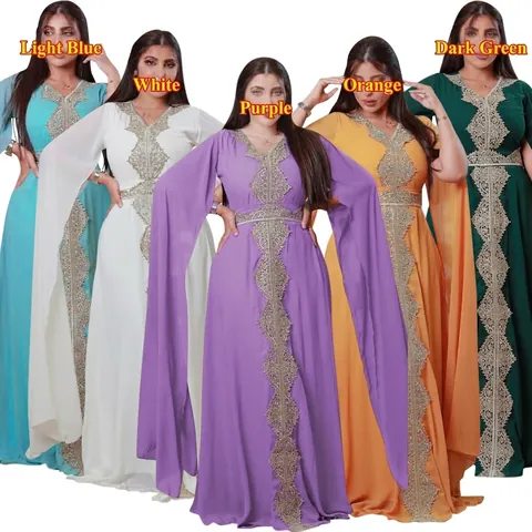 Women Elegant Artificial Pearl Chiffon Kaftan Abaya Evening Gown Gold Embroidery V-Neck Cape Sleeve Maxi Dress With Belt