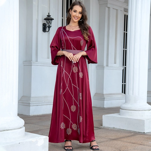 Women Satin Maxi Dress Rhinestone Leaf Pattern Elegant Bell Sleeve Abaya Kaftan Party Evening Formal Gown Belt