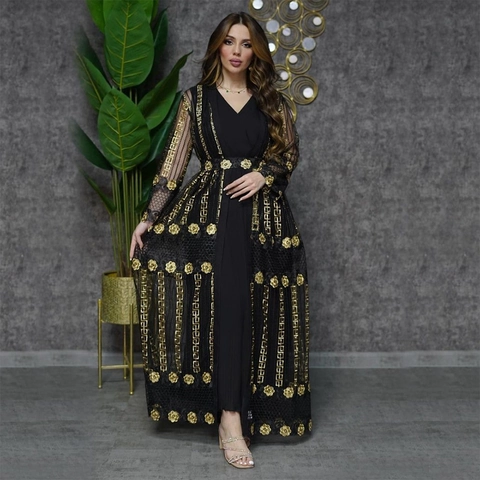 Women Muslim Abaya Embroidered Mesh Cardigan And Chiffon Inner Dress Elegant Floral Golden Embroidery Long Sleeve Maxi Dress