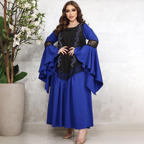 Elegante Vestito Lungo Abaya Musulmano Strass Pizzo Maniche a Campana Patchwork Kaftan Sera Festa Poliestere Manica Lunga