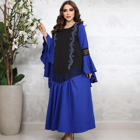 Elegante Vestito Lungo Abaya Musulmano Strass Pizzo Maniche a Campana Patchwork Kaftan Sera Festa Poliestere Manica Lunga
