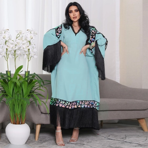 Abito Lungo Kaftan Abaya Donna Scollo V Pizzo Paillettes Nappa Patchwork Geometrico Manica Lunga Etnica Tunica