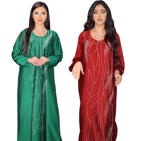 Women Elegant Satin Abaya Maxi Dress Long Sleeve Loose Kaftan With Rhinestone Wavy Pattern Formal Party Ethnic Robe