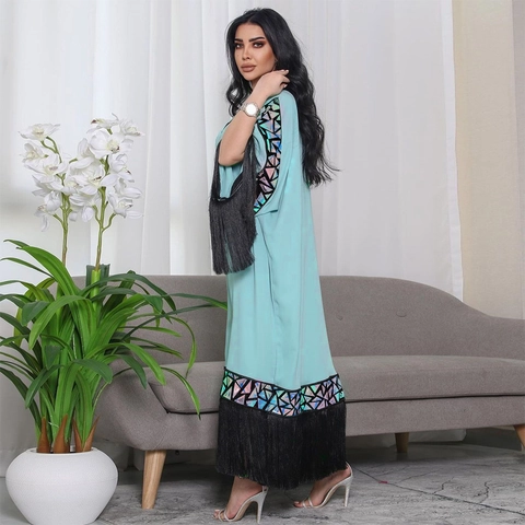 Abito Lungo Kaftan Abaya Donna Scollo V Pizzo Paillettes Nappa Patchwork Geometrico Manica Lunga Etnica Tunica