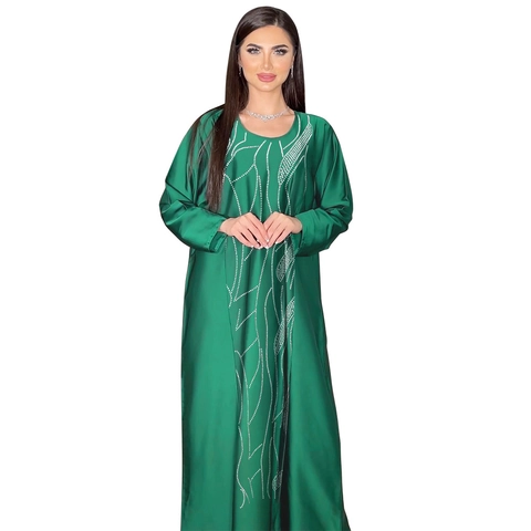 Women Elegant Green Satin Maxi Dress Rhinestone Embellished Muslim Abaya Long Sleeve Kaftan Evening Party Gown