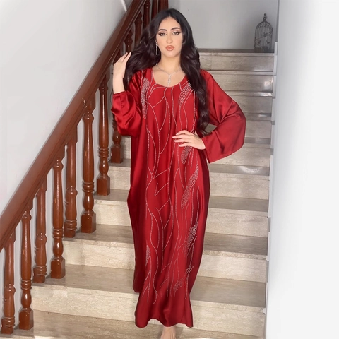 Women Elegant Satin Abaya Maxi Dress Long Sleeve Loose Kaftan With Rhinestone Wavy Pattern Formal Party Ethnic Robe