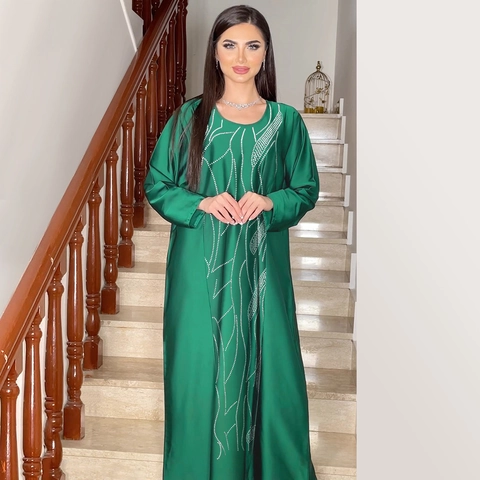 Women Elegant Green Satin Maxi Dress Rhinestone Embellished Muslim Abaya Long Sleeve Kaftan Evening Party Gown