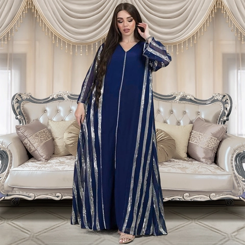Vestido Largo Abaya Caftán Musulmán para Mujer con Rayas de Lentejuelas Gasa de Manga Larga con Cuello en V Túnica Holgada Vestido de Fiesta