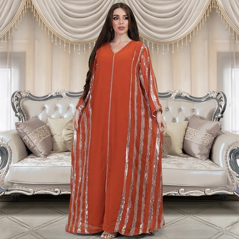 Vestido Largo Abaya Caftán Musulmán para Mujer con Rayas de Lentejuelas Gasa de Manga Larga con Cuello en V Túnica Holgada Vestido de Fiesta
