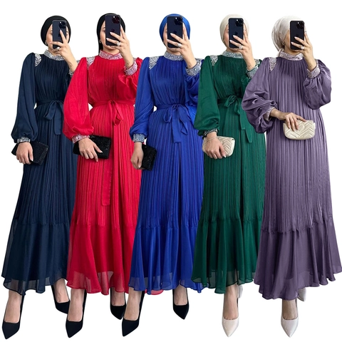 Elegante Abito Maxi a Pieghe da Donna Manica Lunga Con Dettagli in Strass Abaya Musulmano Abito da Sera Formale per Donna