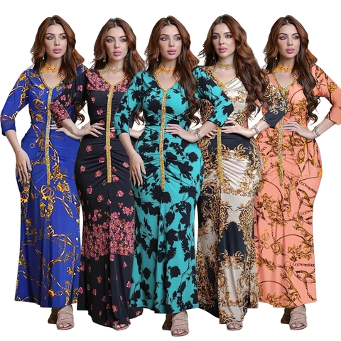 Abito Maxi Kaftan Elegante da Donna Scollo a V con Paillettes Vestibilità Aderente Abito da Sera a Sirena Stampa Floreale Barocca a Maniche Lunghe
