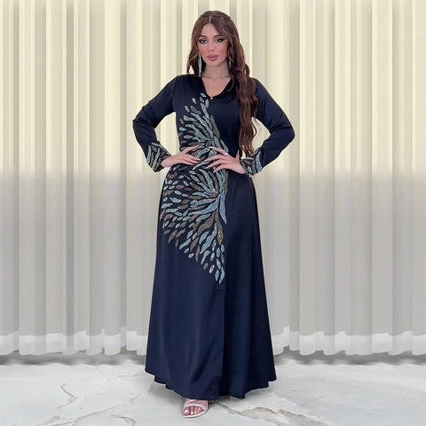 Vestido Maxi de Satén Elegante con Diamantes de Imitación para Mujer Manga Larga Cuello en V Abaya Kaftán para Boda Fiesta de Noche Vestido Formal de Lujo