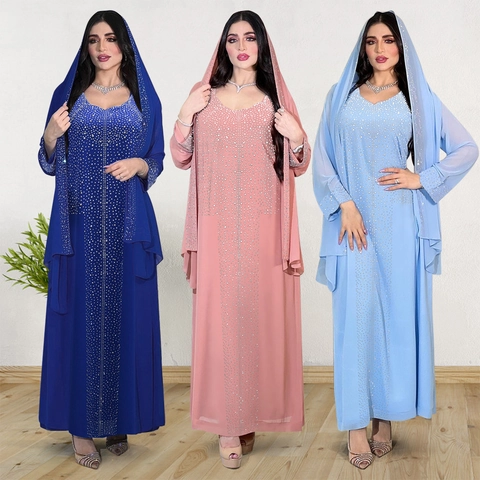 Damen Muslim Abaya Set Strass Chiffon Lange Robe Kaftan Mit Hijab Elegant Mittlerer Osten Party Abendkleid Für Frauen