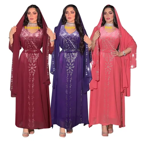 Elegante Vestito Lungo Abaya Kaftan in Chiffon per Donna Abito da Sera con Fiori in Strass e Hijab Coordinato