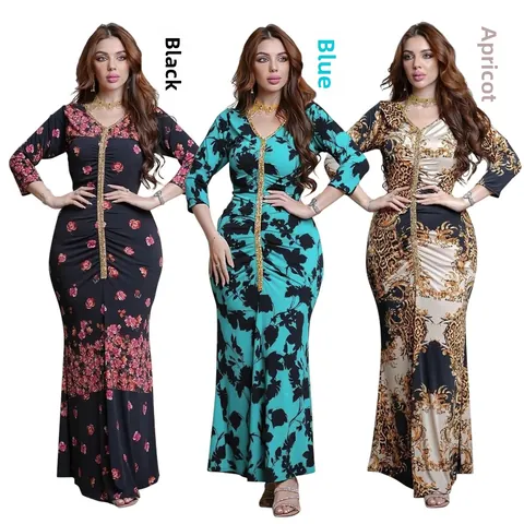 Abito da Donna Elegante Slim Fit Maxi Stampa Kaftan Abaya Manica Lunga Scollo a V Paillettes a Sirena Abito da Sera