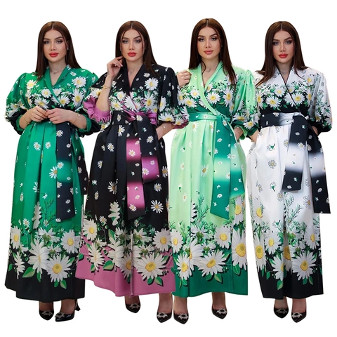 Women Floral Daisy Print Maxi Dress V-Neck Half Lantern Sleeve Tie Waist Polyester Long Vacation Robe Dress