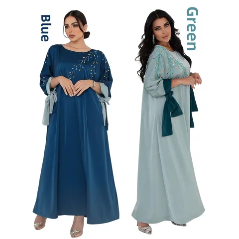 Donna Elegante Abaya in Raso Vestito Lungo Strass Termoadesivi Polsini a Contrasto con Fiocco Caftano Musulmano Maxi Abito