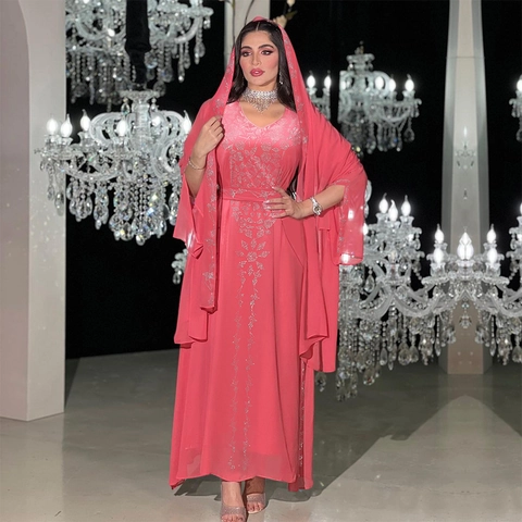 Elegant Chiffon Abaya Kaftan Maxi Dress For Women Rhinestone Floral Evening Gown With Matching Hijab Party Wear