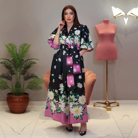 Women Floral Daisy Print Maxi Dress V-Neck Half Lantern Sleeve Tie Waist Polyester Long Vacation Robe Dress