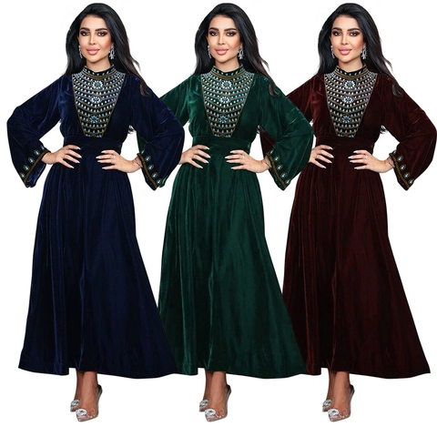 Women Elegant Velvet Maxi Dress Rhinestone Embroidery Long Sleeve Abaya Jalabia Muslim Evening Party Gown Dress