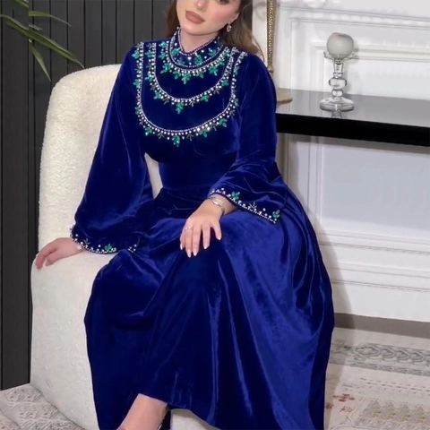 Elegantes Samt Maxi Kleid Strass Blatt Dekor Langarm Ethnische Abaya Party Abendkleid Luxuriöse Hohe Neck Tragen Damen