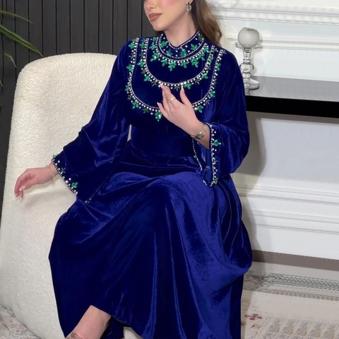 Elegantes Samt Maxi Kleid Strass Blatt Dekor Langarm Ethnische Abaya Party Abendkleid Luxuriöse Hohe Neck Tragen Damen