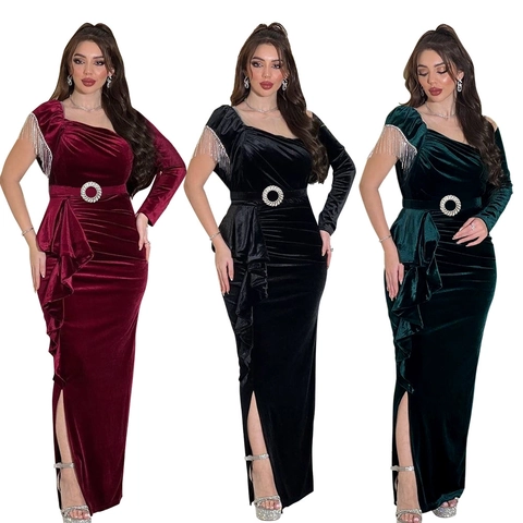 Elegant Velvet One Shoulder Evening Gown With Rhinestone Belt Tassel High Slit Ruffle Formal Wedding Party Maxi Dress