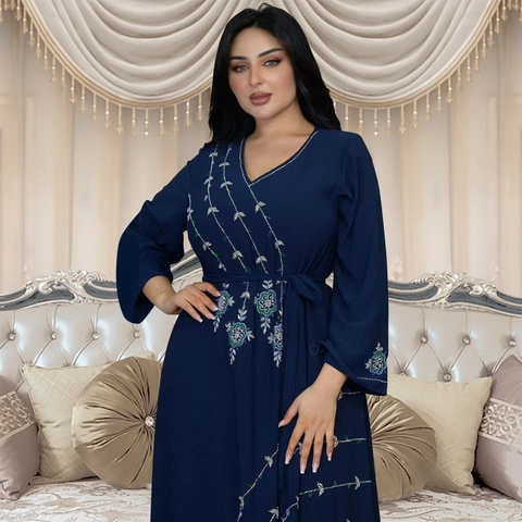 Elegante Vestido Abaya de Manga Larga Con Cuello en V para Mujer Con Bordado Floral de Strass Y Cinturón Kaftan Maxi Vestido