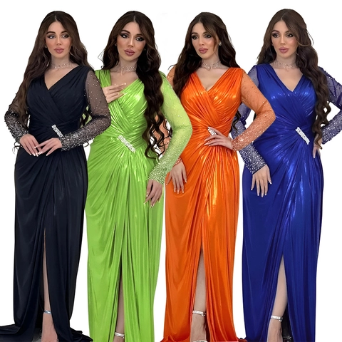 Damen Elegant V-Ausschnitt Langarm Abendkleid Strass Perlen Netzarm Metallischer Satin Polyester Maxi Kleid Mit Hohem Schlitz