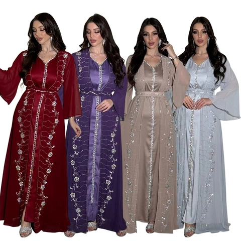 Dames Elegante 2-Delige Moslim Kaftan Abaya Set Chiffon Lovertjes Strass Borduurwerk Lange Mouw Maxi Jurk Voor Bruiloft
