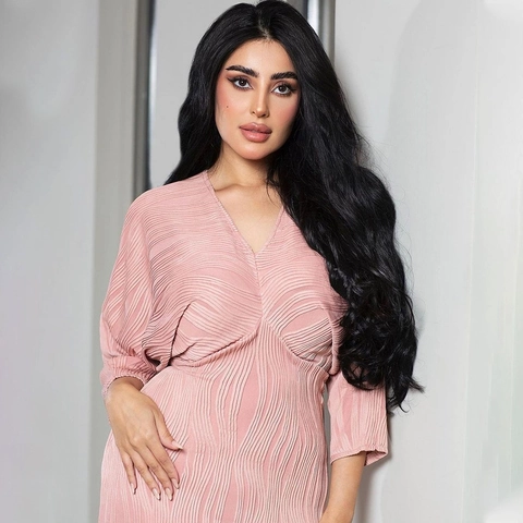 Women Elegant V-Neck Long Sleeve Pleated Maxi Dress With Tassel Hem Slim Fit Knitted Textured Party Vacation Pink Dress