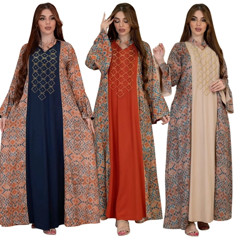 Women Ethnic Muslim Abaya Maxi Dress Polyester Geometric Print Flare Sleeve Rhinestone Middle Eastern Kaftan Robe Dress