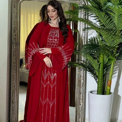 Κομψό Μάξι Φόρεμα Abaya για Γυναίκες Chiffon Polyester Patchwork Με Ασημένια Γεωμετρικά Στρας Μακρυμάνικο Καφτάνι Με Ζώνη