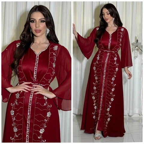 Dames Elegante 2-Delige Moslim Kaftan Abaya Set Chiffon Lovertjes Strass Borduurwerk Lange Mouw Maxi Jurk Voor Bruiloft