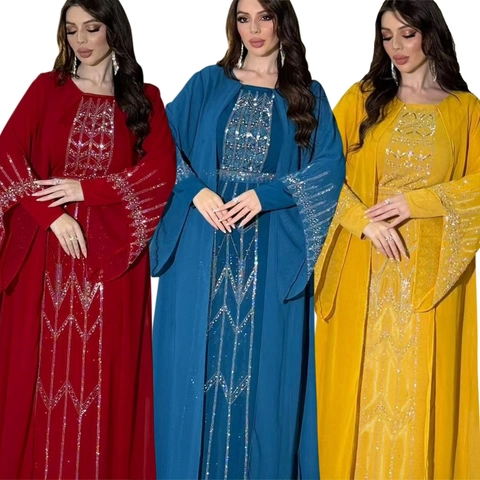 Κομψό Μάξι Φόρεμα Abaya για Γυναίκες Chiffon Polyester Patchwork Με Ασημένια Γεωμετρικά Στρας Μακρυμάνικο Καφτάνι Με Ζώνη