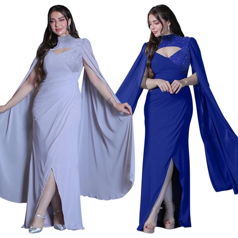 Abito Lungo Elegante in Chiffon da Donna con Strass Maniche a Mantella Spacco Alto Traforato per Banchetti Formali