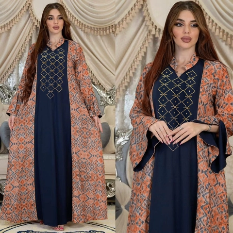 Women Ethnic Muslim Abaya Maxi Dress Polyester Geometric Print Flare Sleeve Rhinestone Middle Eastern Kaftan Robe Dress