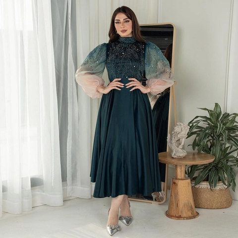 Elegant Jalabiya Abendkleid Lang Damen Farbverlauf Laternenärmel Satin Kleid Mit Strass Verzierungen