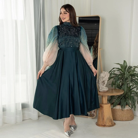 Elegant Jalabiya Abendkleid Lang Damen Farbverlauf Laternenärmel Satin Kleid Mit Strass Verzierungen