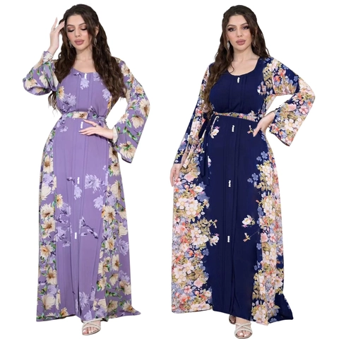 Abaya Musulmán para Mujer Estampado Floral Vestido Maxi de Manga Larga Con Cinturón Botones de Perlas Artificiales Túnica Étnica Elegante