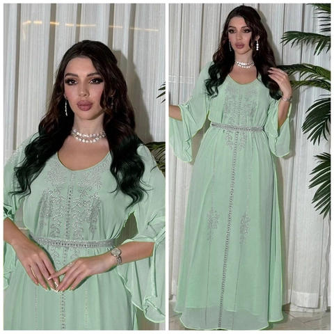 Elegant Chiffon Kaftan Maxi Dress With Rhinestone Floral Patterns Bell Sleeve V-Neck Long Robe With Belt For Women
