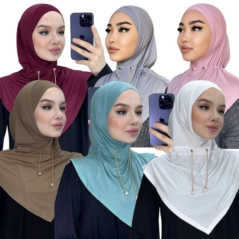 Turbante Hijab Musulmano da Donna Nuovo Foulard Pullover con Catena di Perle Poliestere Tinta Unita Elegante Copricapo a Turbante