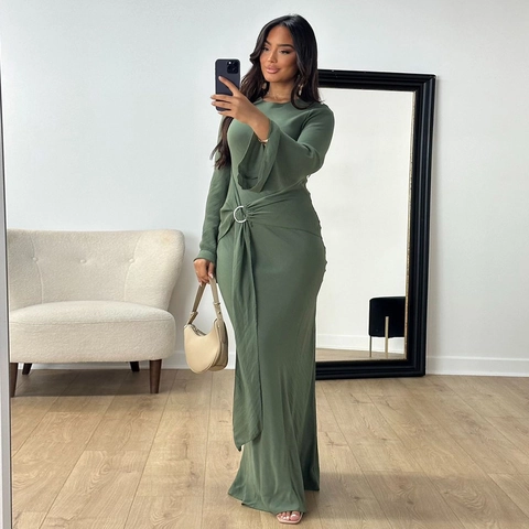 Elegant Ethnic Style Maxi Dress For Women O-Ring Waist Drape Pleated Long Sleeve Abaya Muslim Commuter Robe Polyester Satin Look