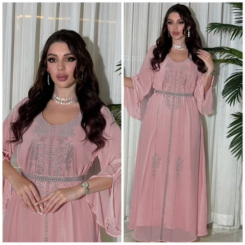 Elegant Chiffon Kaftan Maxi Dress With Rhinestone Floral Patterns Bell Sleeve V-Neck Long Robe With Belt For Women