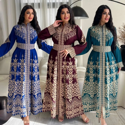 Damen Vintage Ethno Gold Blumenmuster Jalabiya Kaftan Maxikleid Reißverschluss Langarm Marokkanische Abaya Bankett Kleid