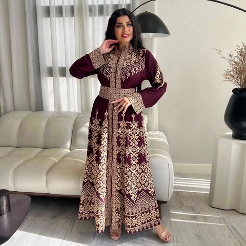 Damen Vintage Ethno Gold Blumenmuster Jalabiya Kaftan Maxikleid Reißverschluss Langarm Marokkanische Abaya Bankett Kleid