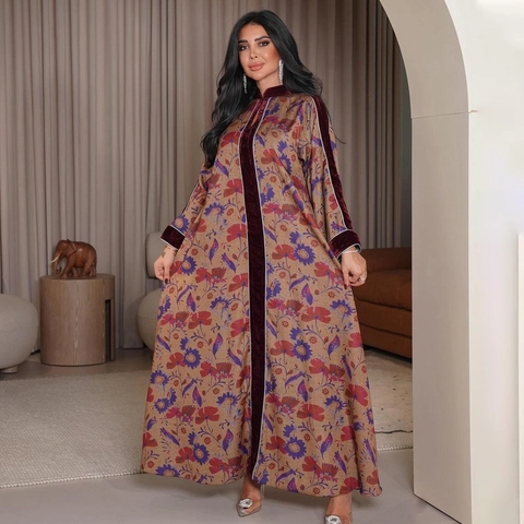 Jalabiya Kaftan Vintage con Estampado Floral para Mujer Patchwork de Terciopelo Abaya de Manga Larga Vestido Maxi Étnico